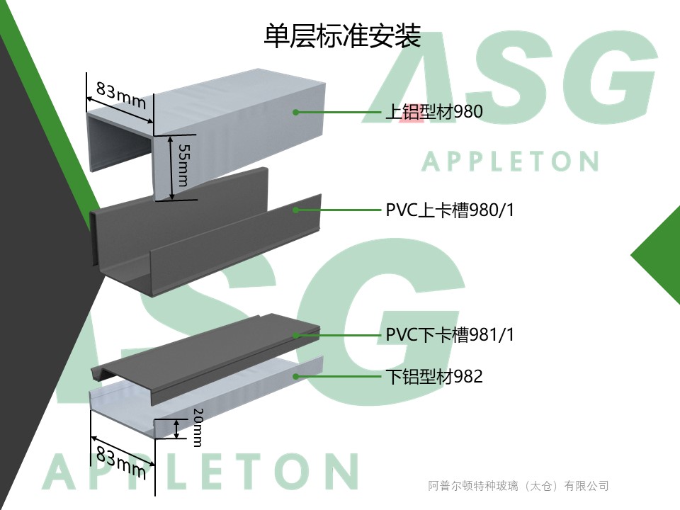 U型玻璃單層標(biāo)準(zhǔn)安裝鋁型材塑料卡槽
